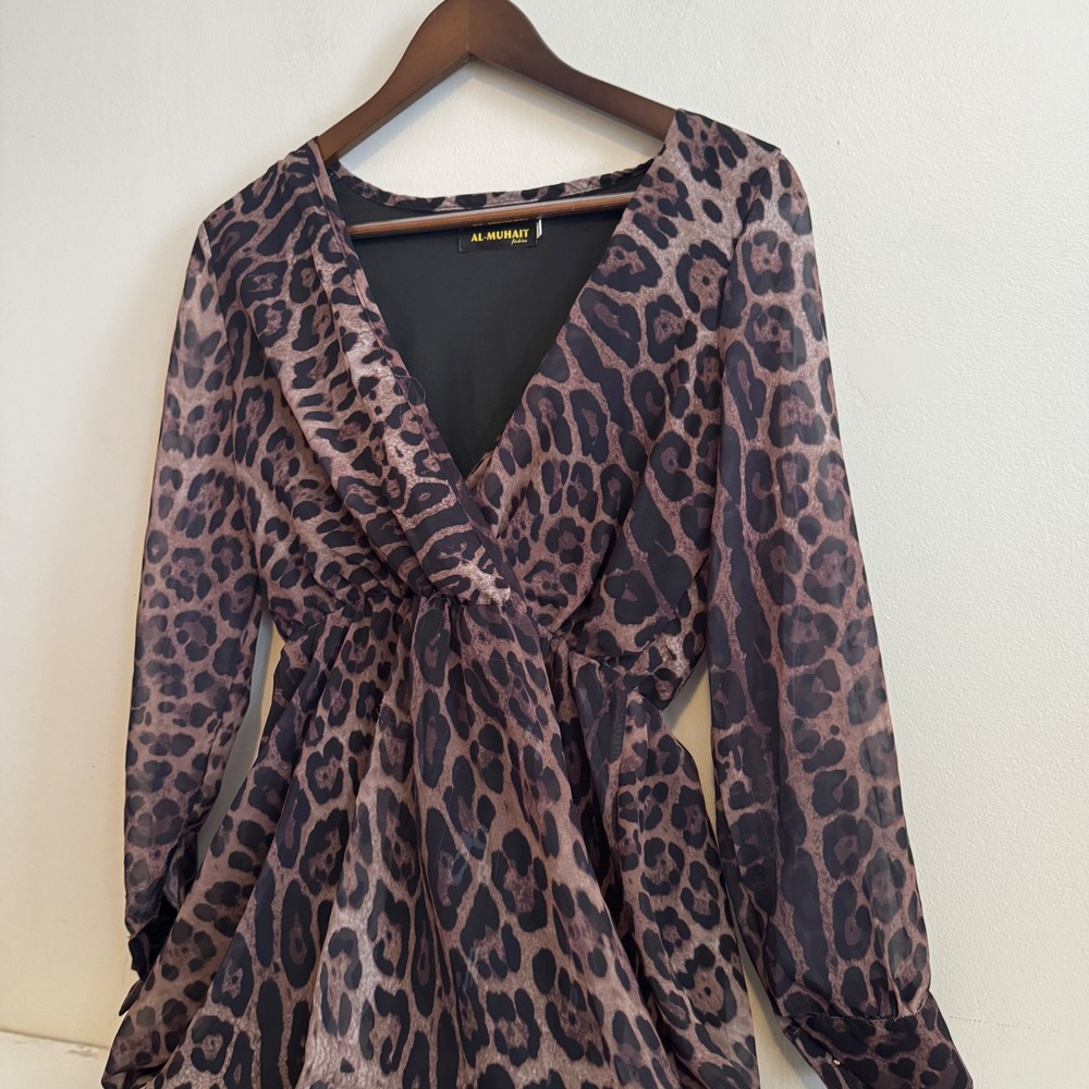 AL-MUHAIT Fashion Sz Sm Leopard Print Maxi Dress Long Sleeve Fall Animal Print